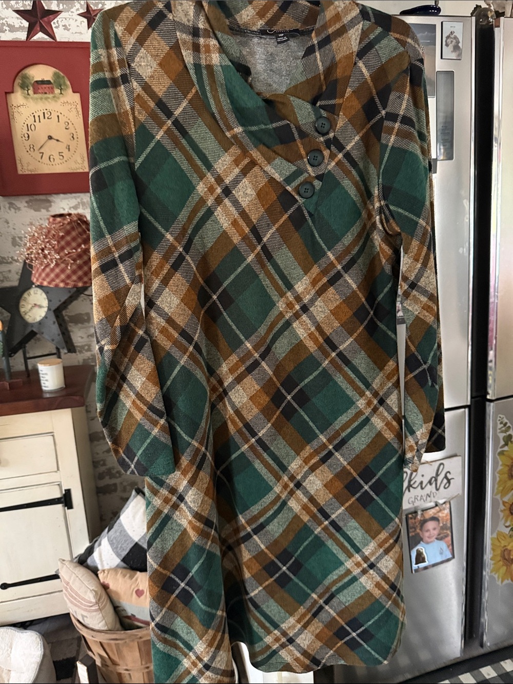 connected apparel Green and Brown Plaid Long Sleeve Dress